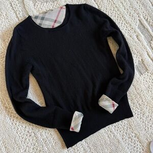 Burberry 100% Cashmere Black Crew Neck Sweater with Plaid Accents